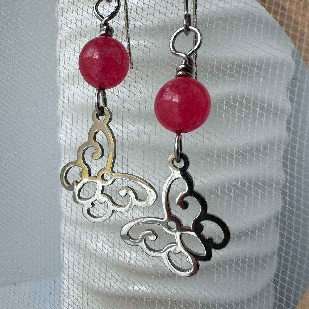 Pink Jade Stainless Steel Wire Wrap Earrings w/ Butterfly Charms Hypoallergenic